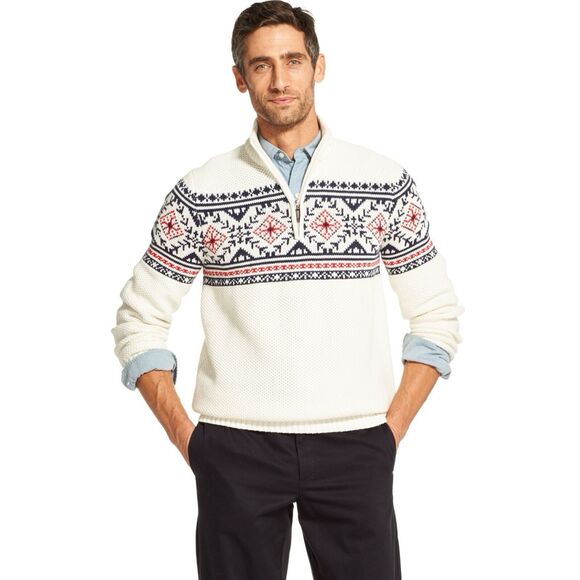 Men Size Medium Izod Fair Isle Ski Holiday Christmas Sweater Cable Knit 1/4 Zip - Picture 1 of 11